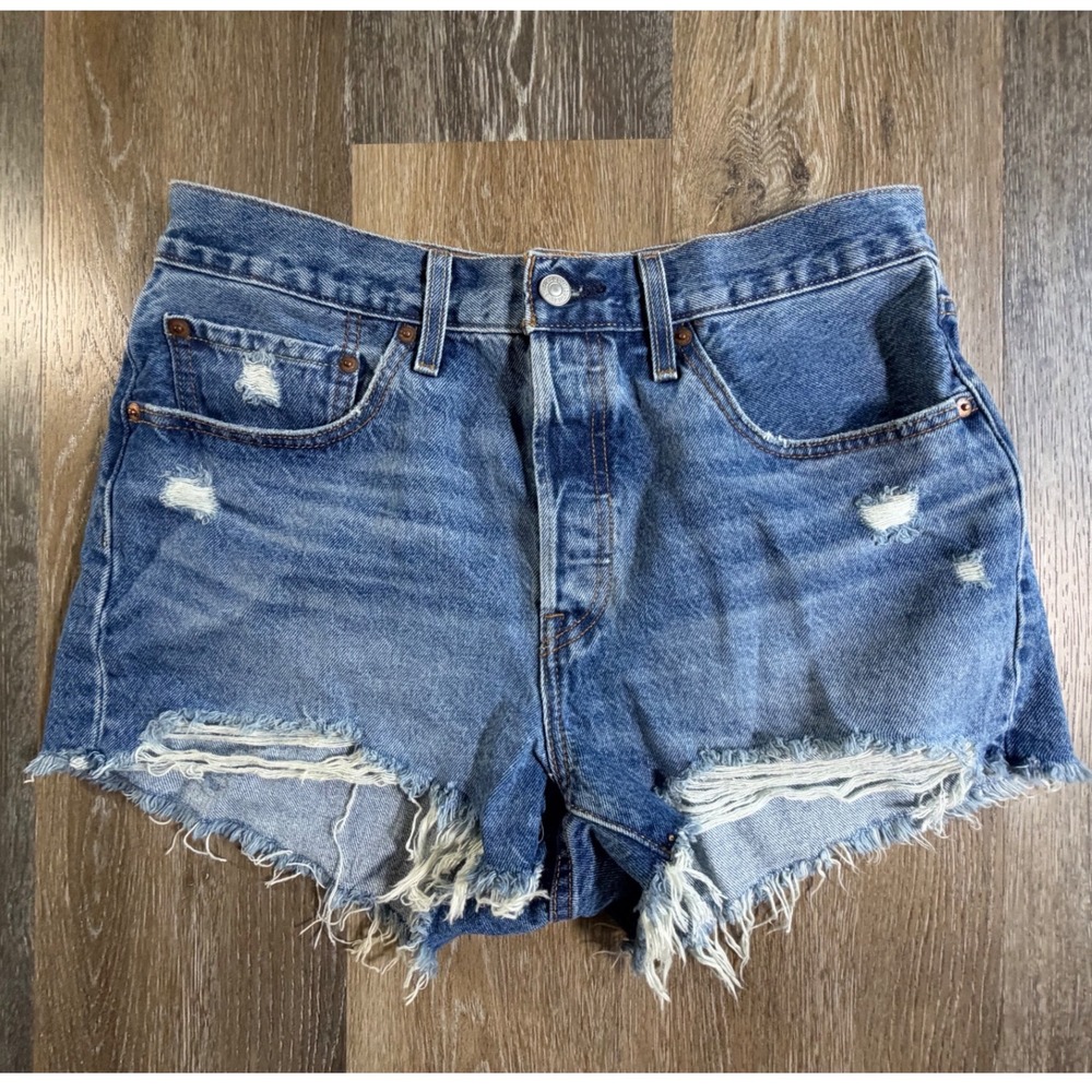 Levi's 501 Denim Shorts Women 30 Blue Distressed Cut Off High Waist Button Fly
